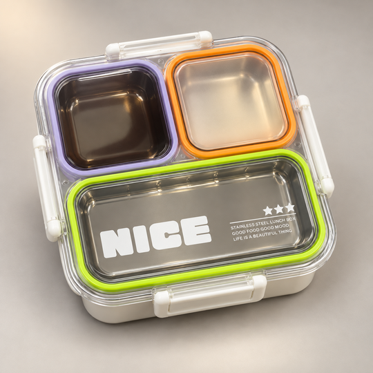 Triple Compartment Steel Meal Box with transparent snap lid