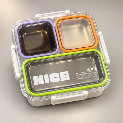 Triple Compartment Steel Meal Box with transparent snap lid