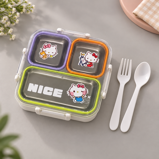 Triple Compartment Steel Meal Box with spoon and fork