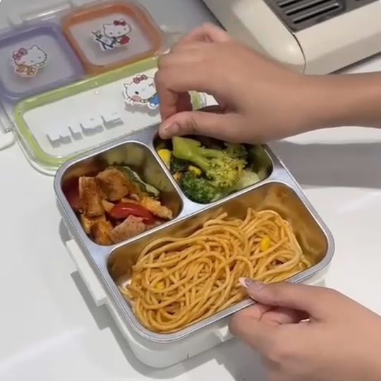 Triple Compartment Steel Meal Box filled with an Indian meal