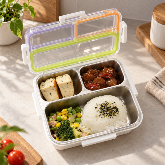 Triple Compartment Steel Meal Box open with a balanced meal