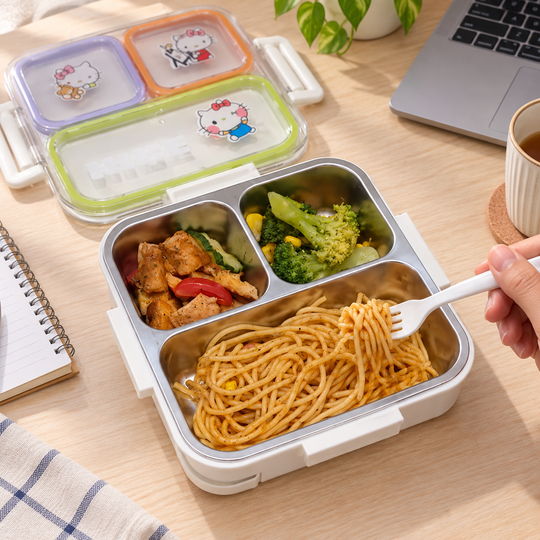 Triple Compartment Steel Meal Box in a work lunch setting