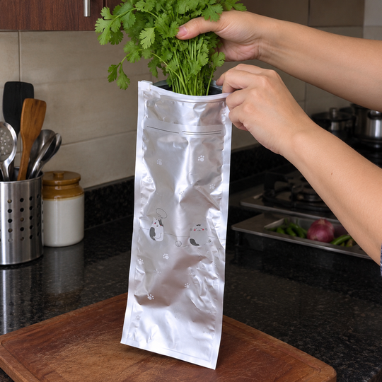 Veggie Storage Bag open with coriander being placed inside