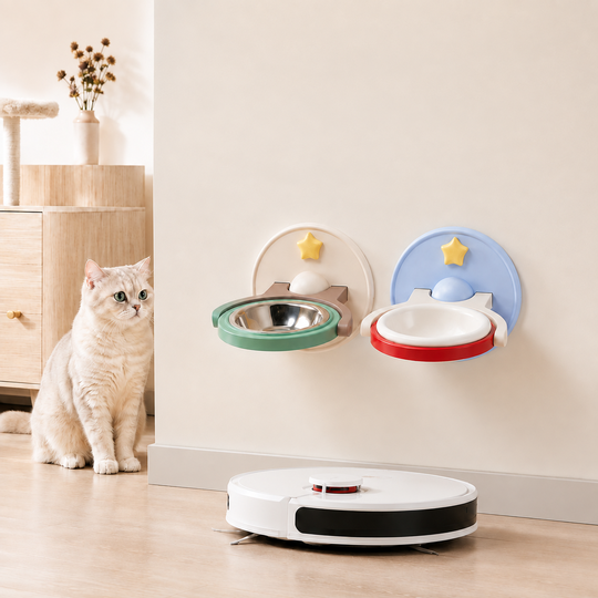 Wall-mounted pet bowl with clear floor space