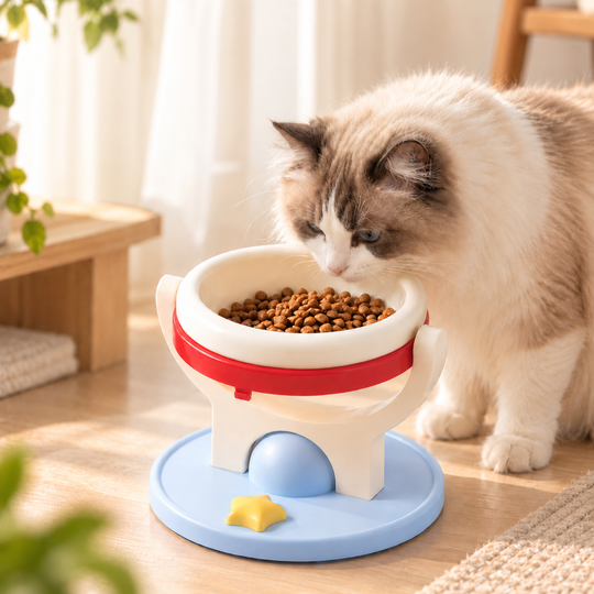 Cat using floor-standing pet bowl