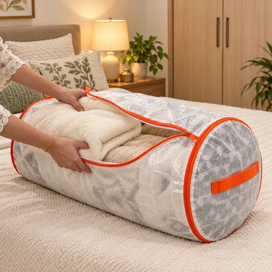 Loading folded bedding into Wardrobe Storage Bag