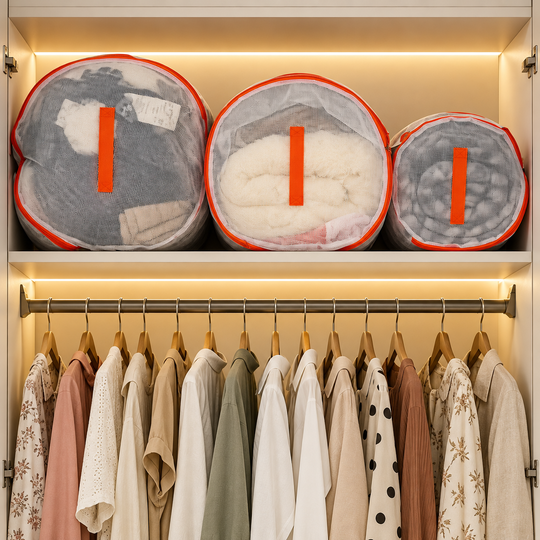 Wardrobe Storage Bags arranged on a wardrobe shelf