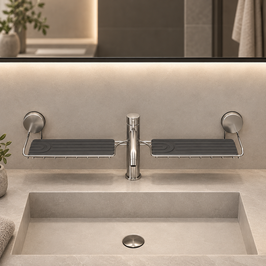 Washbasin Storage Shelf with central tap cut-out and two grey mats — hero