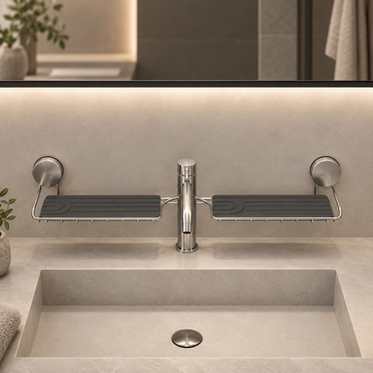 Washbasin Storage Shelf with central tap cut-out and two grey mats — hero