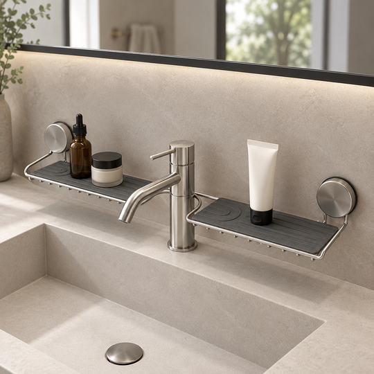 Washbasin Storage Shelf with central tap cut-out and two grey mats — angle