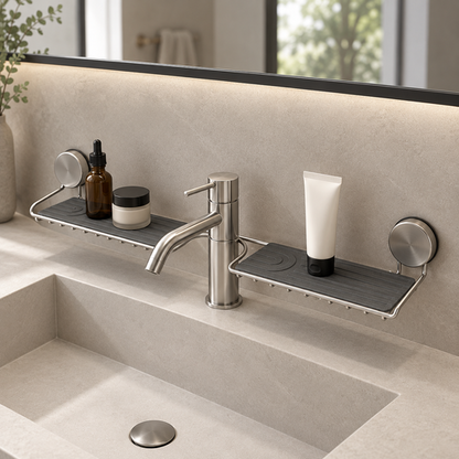 Washbasin Storage Shelf with central tap cut-out and two grey mats — angle