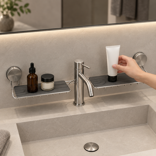 Washbasin Storage Shelf with central tap cut-out and two grey mats — use