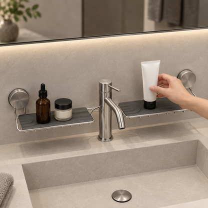 Washbasin Storage Shelf with central tap cut-out and two grey mats — use