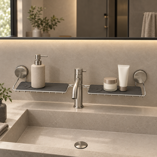 Washbasin Storage Shelf with central tap cut-out and two grey mats — clear-counter