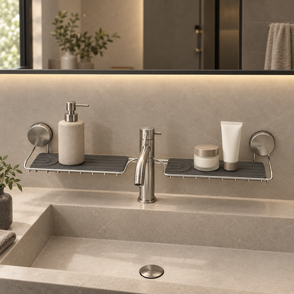 Washbasin Storage Shelf with central tap cut-out and two grey mats — clear-counter