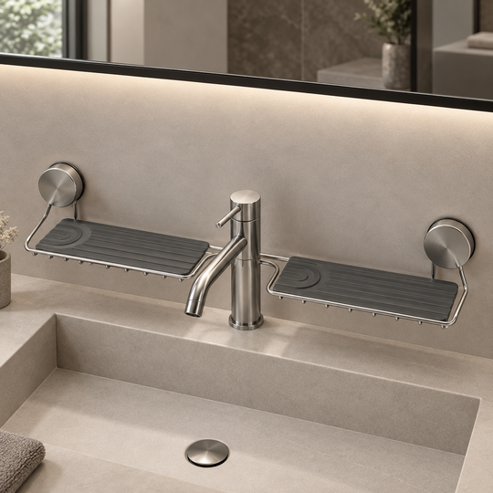 Washbasin Storage Shelf with central tap cut-out and two grey mats — mats