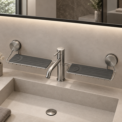 Washbasin Storage Shelf with central tap cut-out and two grey mats — mats