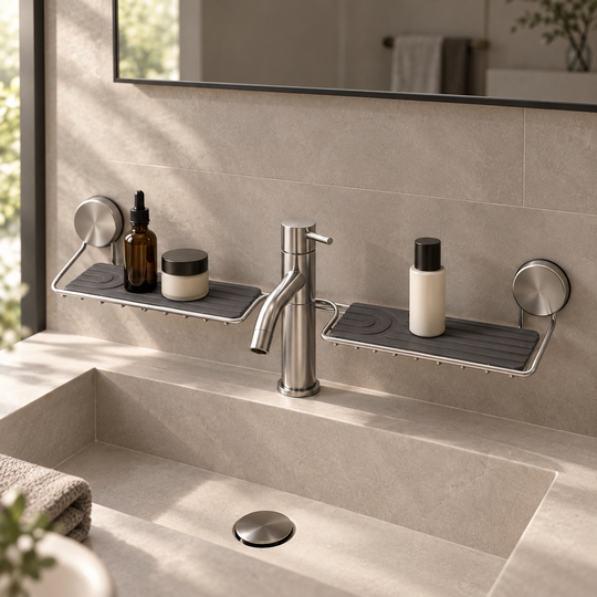 Washbasin Storage Shelf with central tap cut-out and two grey mats — routine