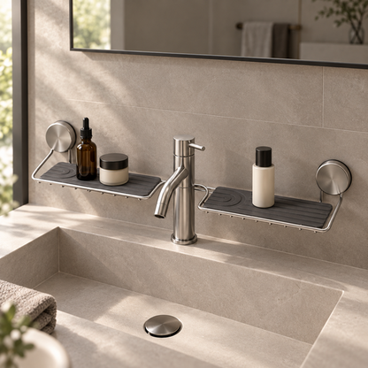 Washbasin Storage Shelf with central tap cut-out and two grey mats — routine