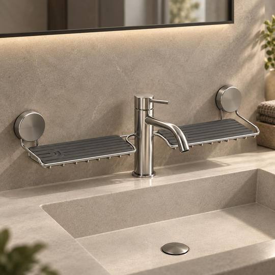 Washbasin Storage Shelf — silver wire frame with grey mats and tap cut-out