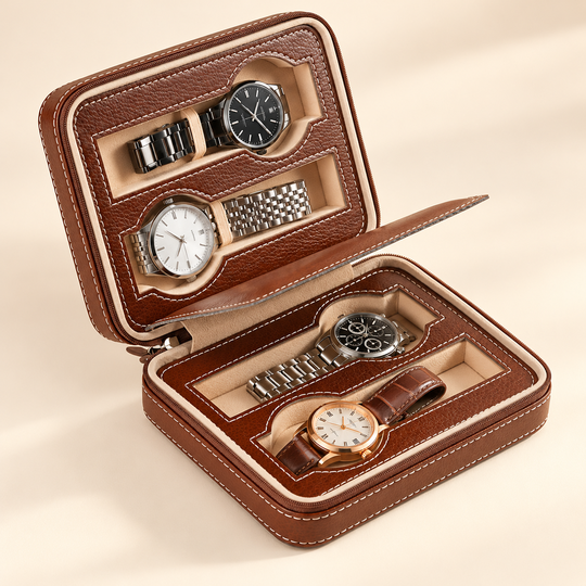 Zippered Watch Storage Case open with four watches