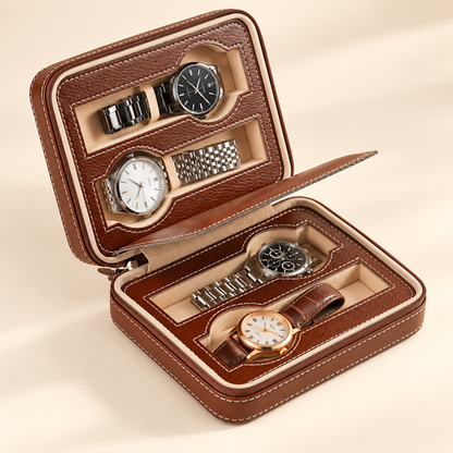 Zippered Watch Storage Case open with four watches