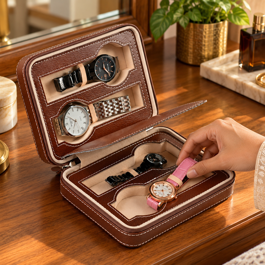 Hand placing a wristwatch inside the storage case