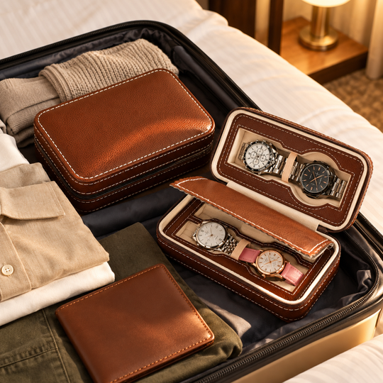 Compact watch storage case packed for travel